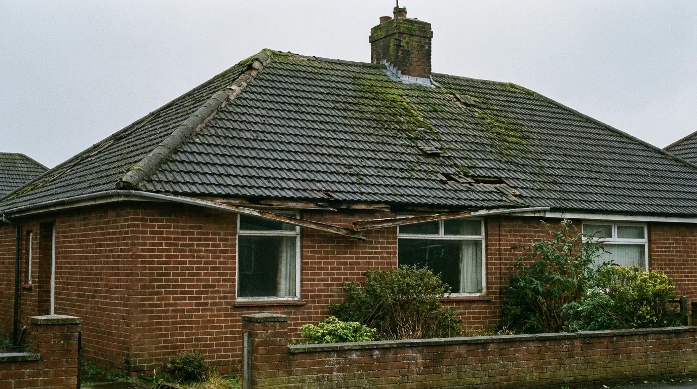 A tired roof with slipped tiles, heavy moss and a sagging gutter
