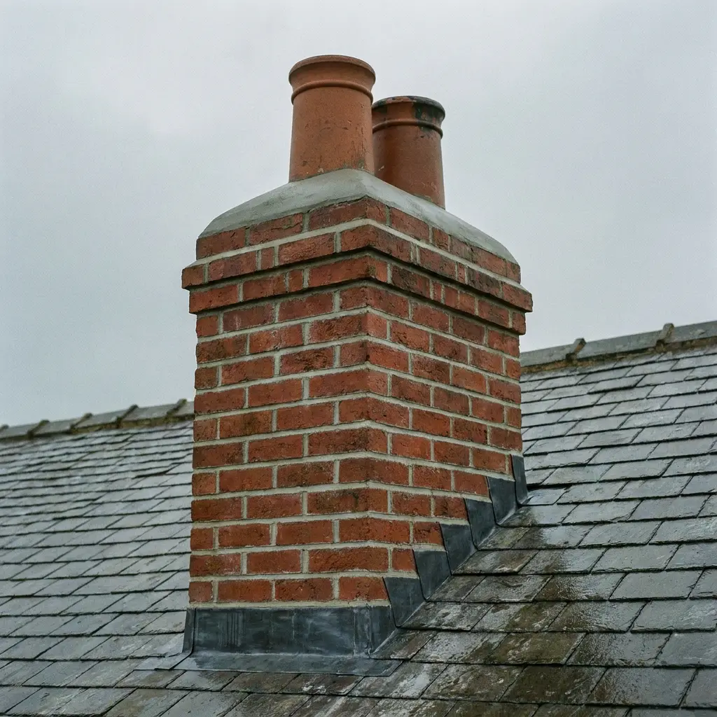 A freshly repointed red brick chimney stack with new flaunching and lead flashing