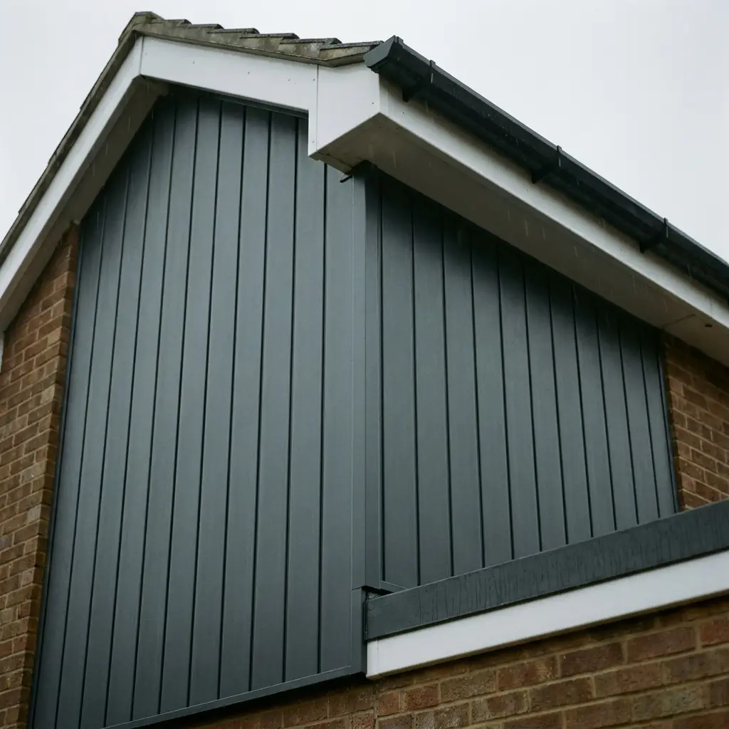 Newly fitted dark grey uPVC cladding boards on the upper gable of a house