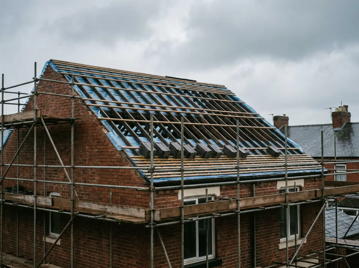 A house mid strip and re-roof with scaffolding, bare battens and new tiles stacked