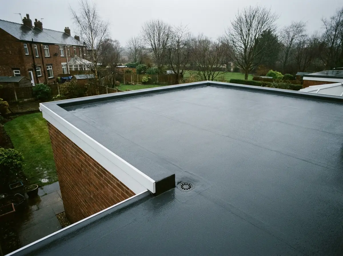 A finished GRP fibreglass flat roof on a single storey rear extension