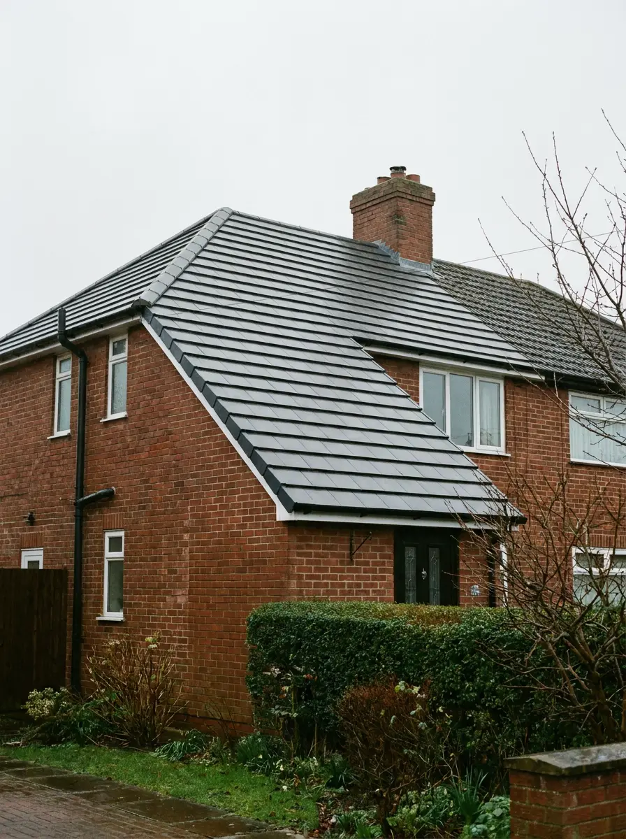 A completed grey concrete tile re-roof on a red brick semi-detached house